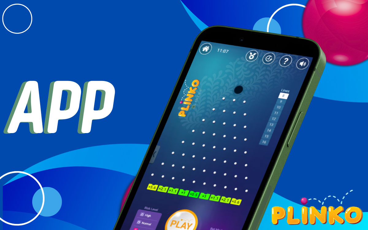Widok aplikacji Plinko na smartfonie – plansza gry Plinko z kulkami oraz opcjami gry na niebieskim tle