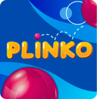 Logo gry Plinko – kolorowy napis Plinko na niebieskim tle z różowymi kulkami